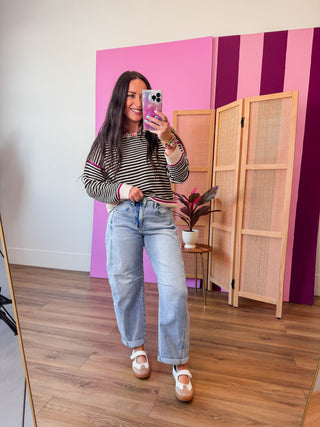 Carson Striped Sweater-Black/Magenta