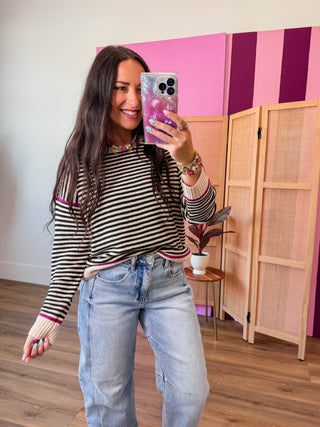 Carson Striped Sweater-Black/Magenta