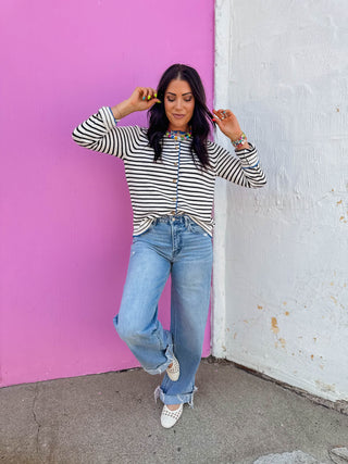 Kristin Striped Cardigan-Ivory/Blue