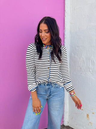 Kristin Striped Cardigan-Ivory/Blue