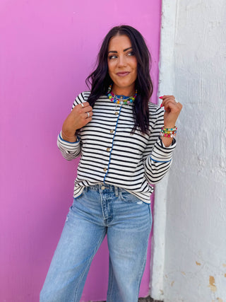 Kristin Striped Cardigan-Ivory/Blue
