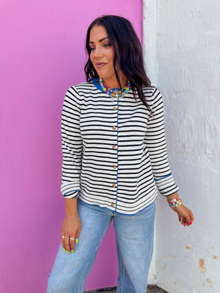 Kristin Striped Cardigan-Ivory/Blue