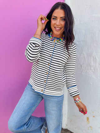 Kristin Striped Cardigan-Ivory/Blue