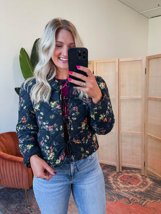 Chelsy Floral Quilted Jacket-Black
