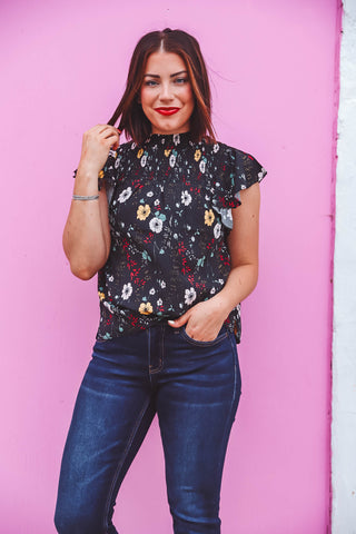 Joni Floral Top-Black