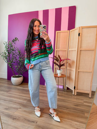 Color Mix Striped Cardigan-Green/Pink Mix