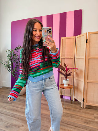 Color Mix Striped Cardigan-Green/Pink Mix