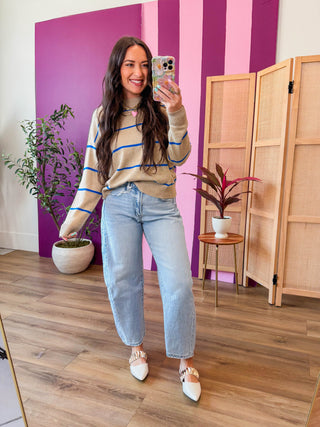 Jess Sweater-Taupe/Blue Stripe