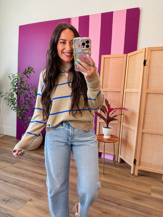 Jess Sweater-Taupe/Blue Stripe