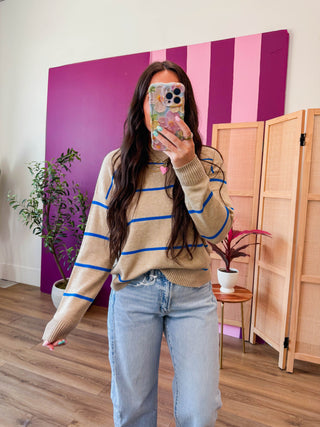 Jess Sweater-Taupe/Blue Stripe