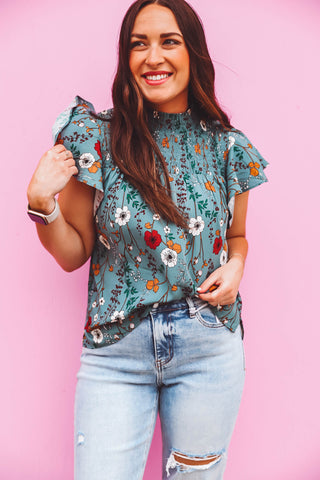 Joni Floral Top-Teal