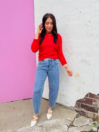 Remi Polka Dot Embroidered Barrel Denim