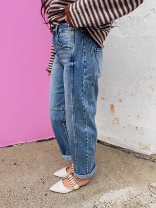 Kam High Rise Boyfriend Barrel Denim-Medium Wash
