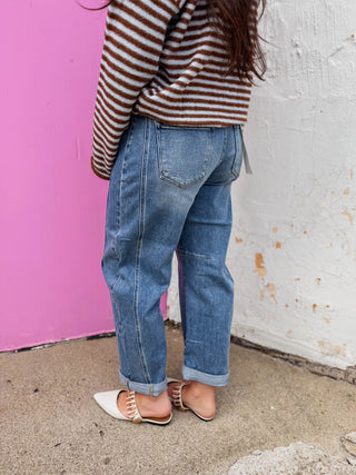 Kam High Rise Boyfriend Barrel Denim-Medium Wash