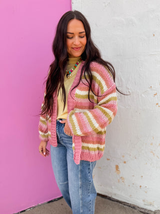 Blaine Striped Cardigan-Rose/Matcha/Pink