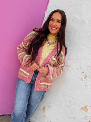 Blaine Striped Cardigan-Rose/Matcha/Pink