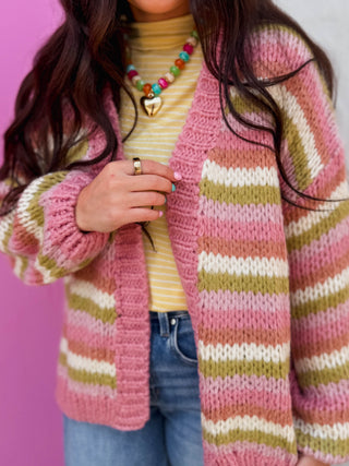Blaine Striped Cardigan-Rose/Matcha/Pink