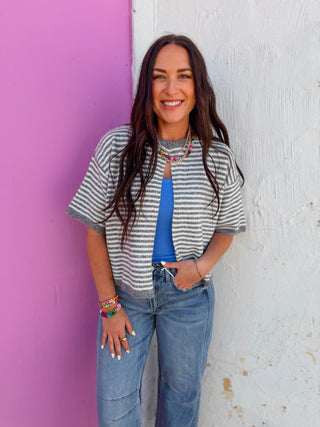 Favorite Layer Striped Cardigan-Charcoal