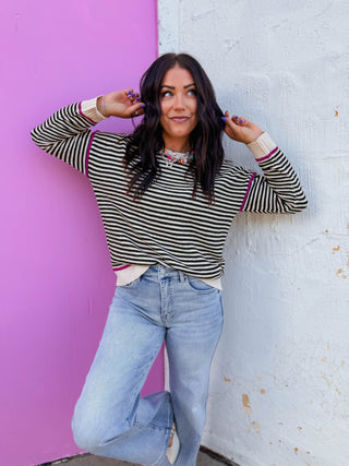 Carson Striped Sweater-Black/Magenta