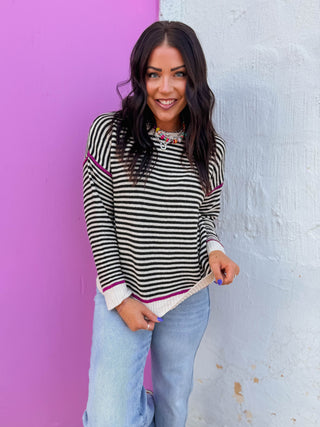 Carson Striped Sweater-Black/Magenta