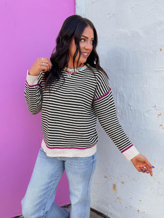 Carson Striped Sweater-Black/Magenta