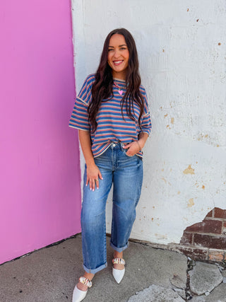 Hayden Striped Tee-Denim/Salmon
