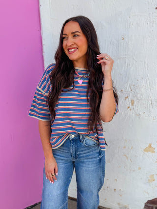 Hayden Striped Tee-Denim/Salmon