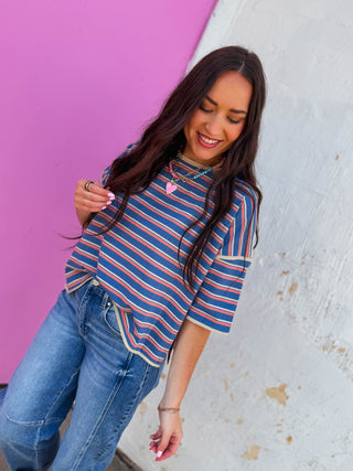 Hayden Striped Tee-Denim/Salmon