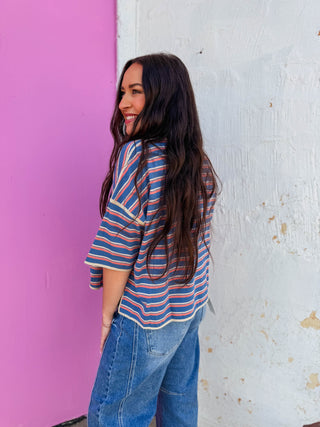 Hayden Striped Tee-Denim/Salmon