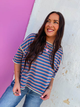 Hayden Striped Tee-Denim/Salmon