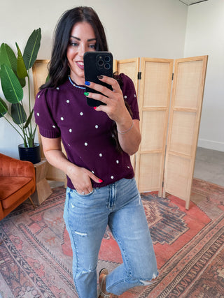 Kali Polka Dot Knit Top-Plum