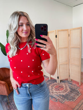 Kali Polka Dot Knit Top-Red