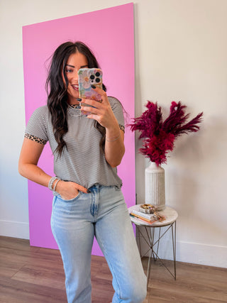 Claire Striped Top-Ivory/Leopard