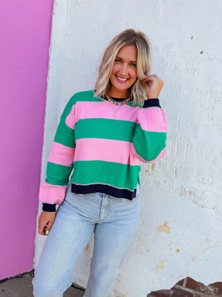 Taryn Color Block Sweater-Pink/Green