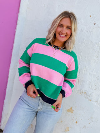 Taryn Color Block Sweater-Pink/Green