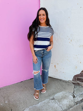Jemma Striped Knit Top-Navy