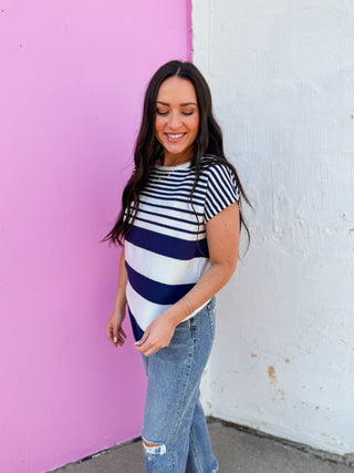 Jemma Striped Knit Top-Navy