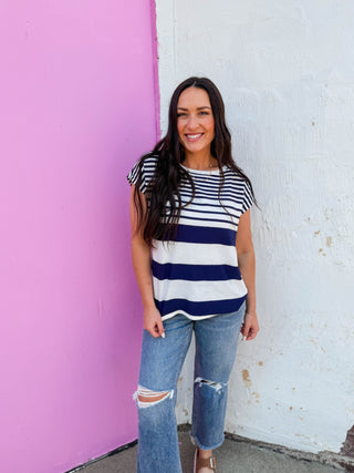 Jemma Striped Knit Top-Navy