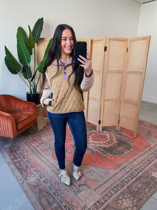 Londyn Quilted Pullover-Caramel/Beige