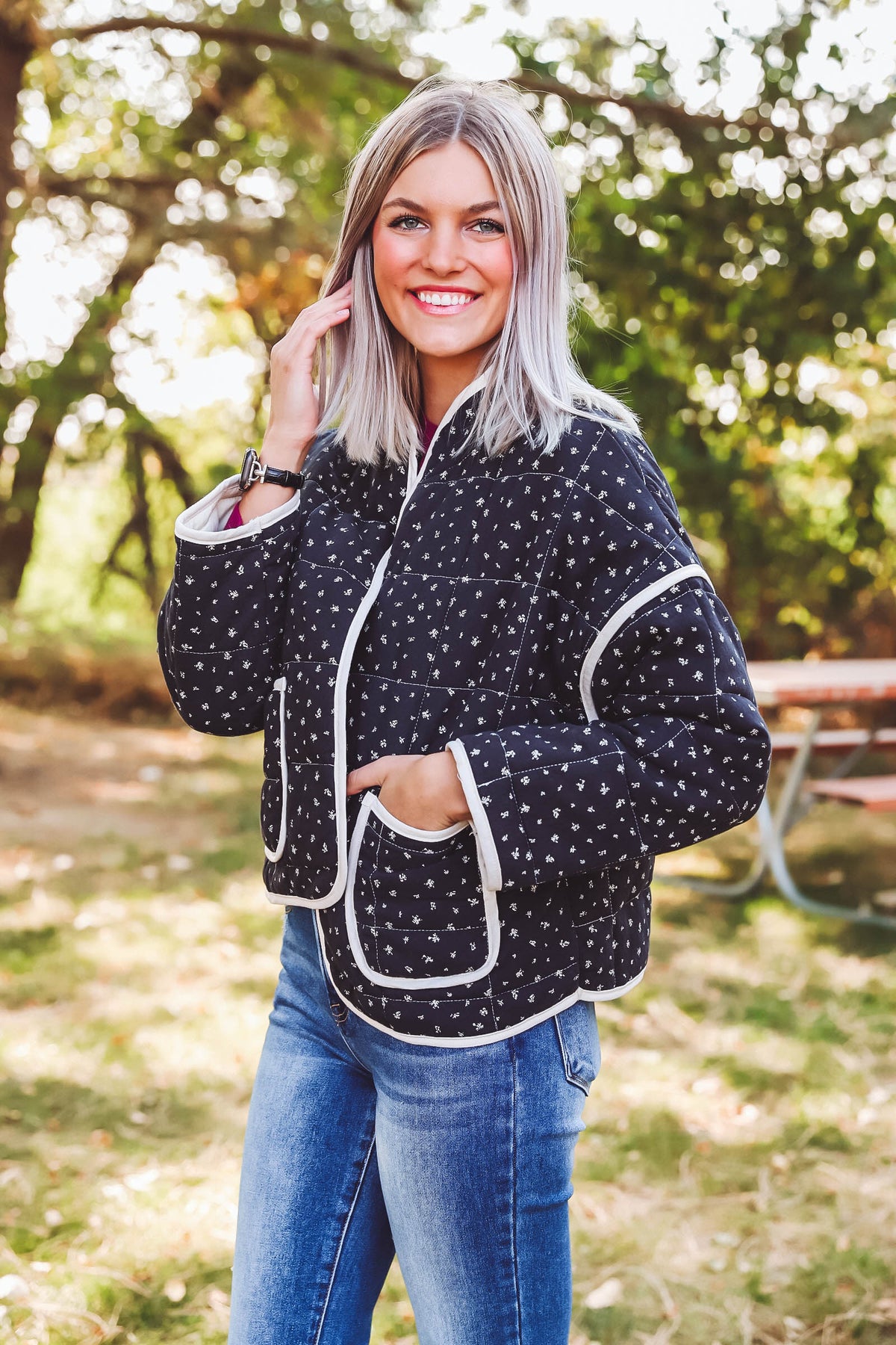 Elsie Floral Quilted Jacket-Navy