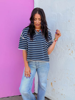 Hayden Striped Tee-Navy/Blue