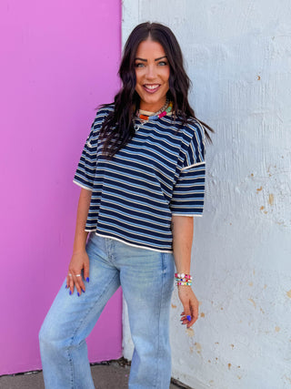 Hayden Striped Tee-Navy/Blue