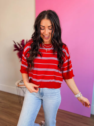 Kaelyn Striped Knit Top-Red