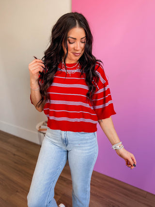 Kaelyn Striped Knit Top-Red