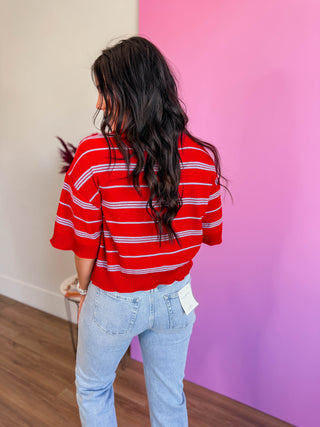 Kaelyn Striped Knit Top-Red