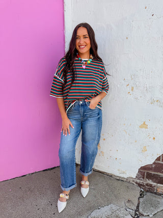 Hayden Striped Tee-Hunter Green/Tomato