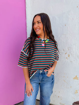 Hayden Striped Tee-Hunter Green/Tomato