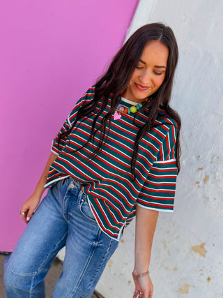 Hayden Striped Tee-Hunter Green/Tomato