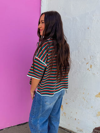 Hayden Striped Tee-Hunter Green/Tomato