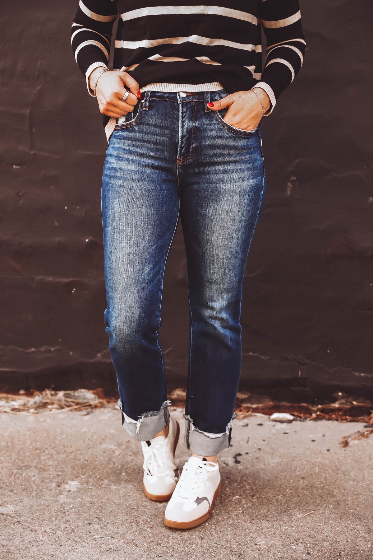 Blaire High Rise Cuffed Straight Denim-Dark